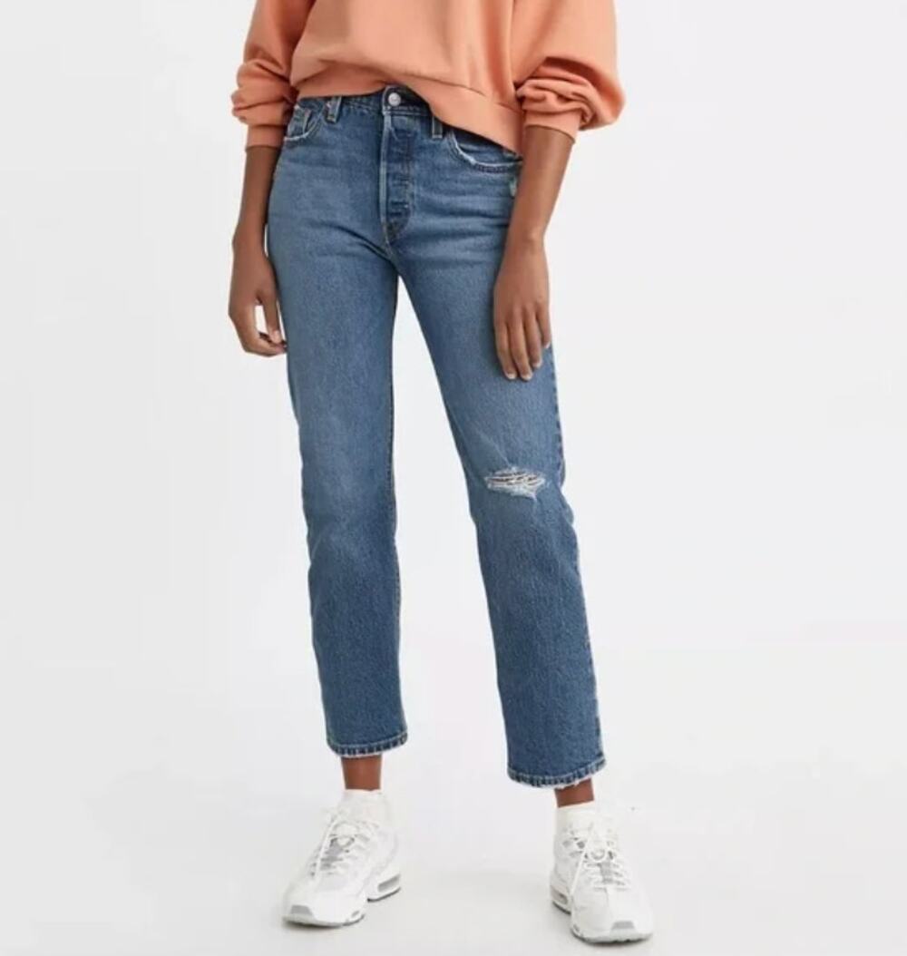 Levi's 501 Original Cropped High Rise Distressed Denim Jeans 26/28 -Medium Wash